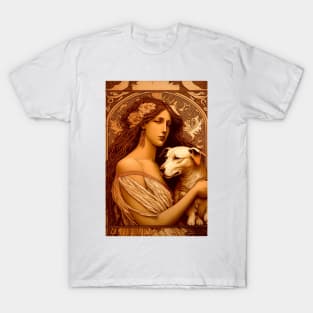 Woman wearing tunic holding a dog - Art Nouveau Style T-Shirt